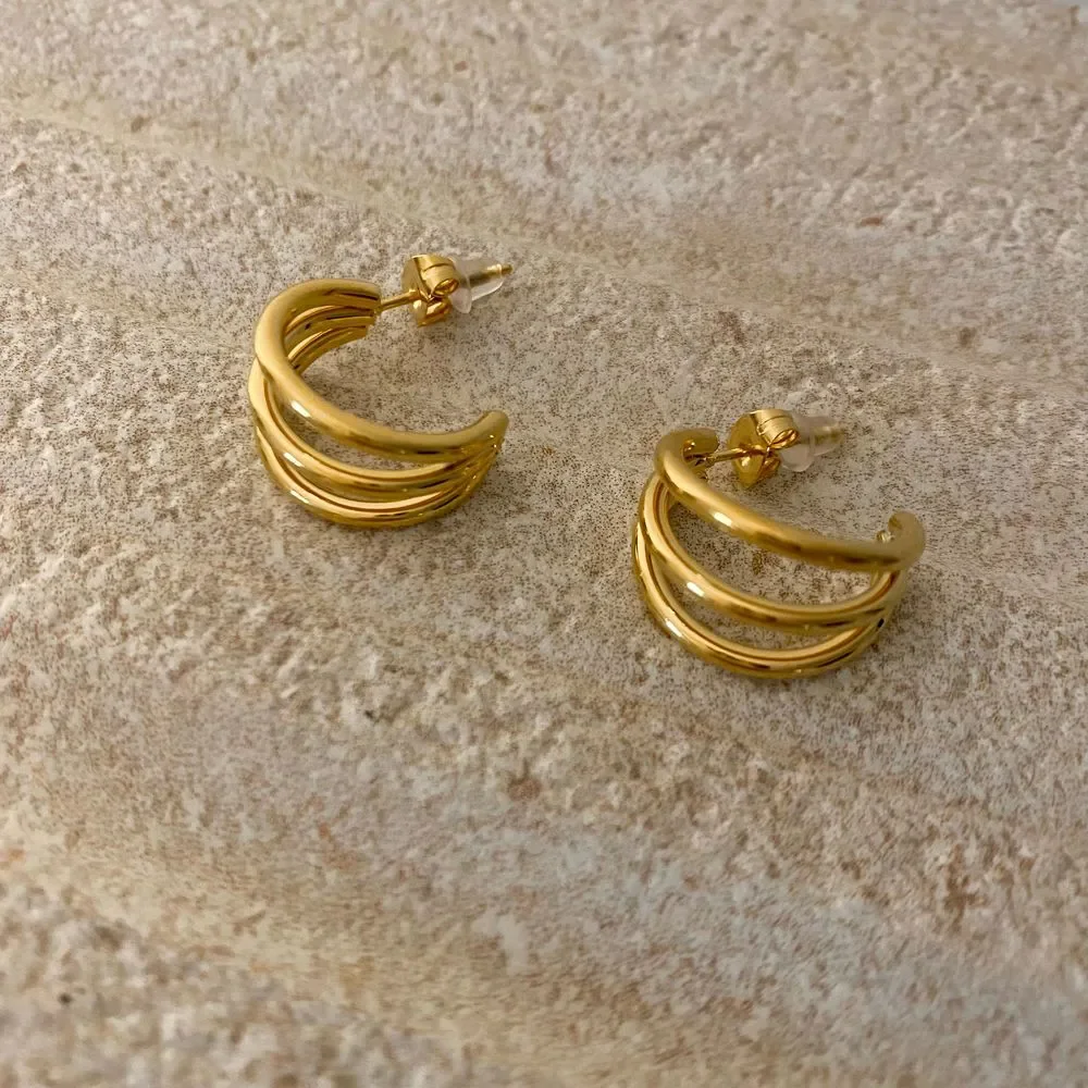 18K Gold Plated Triple C Stacked Hoop Earrings - Picture 2 of 6